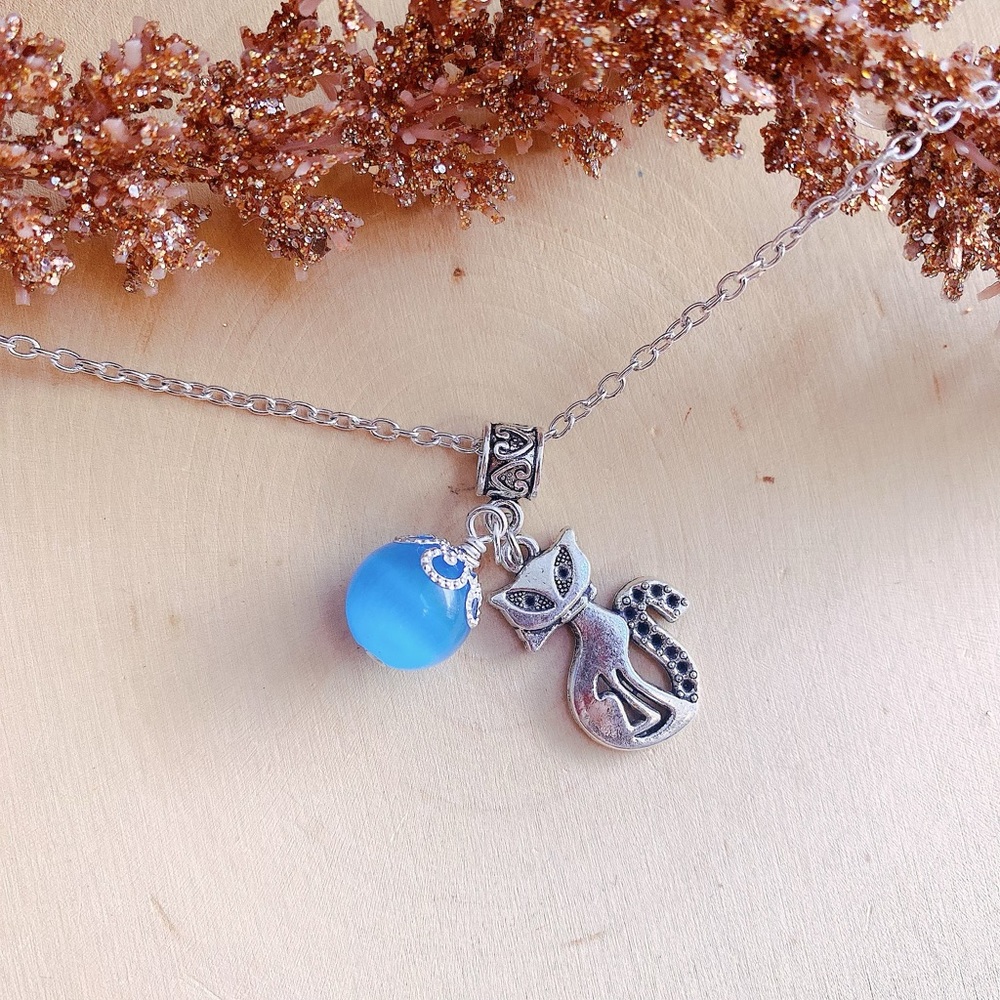 Cat eye, Cat Charm Pendant Sterling Necklace